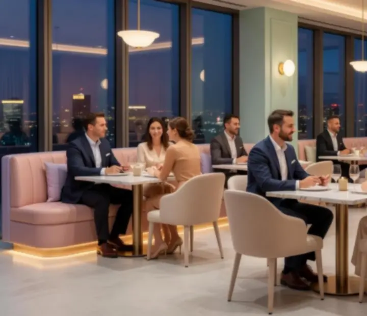 Eleganckie, jasne wnętrze restauracji Polnovarix z gośćmi przy stolikach