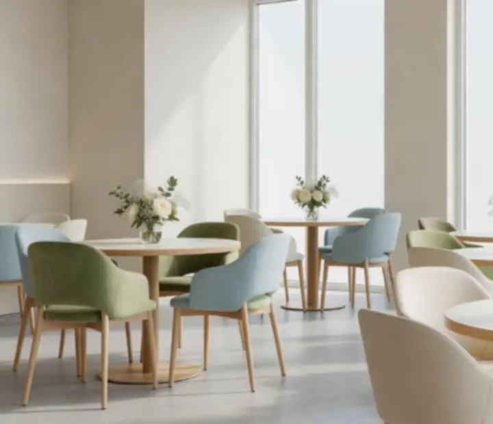 Jasne, pastelowe wnętrze restauracji Polnovarix