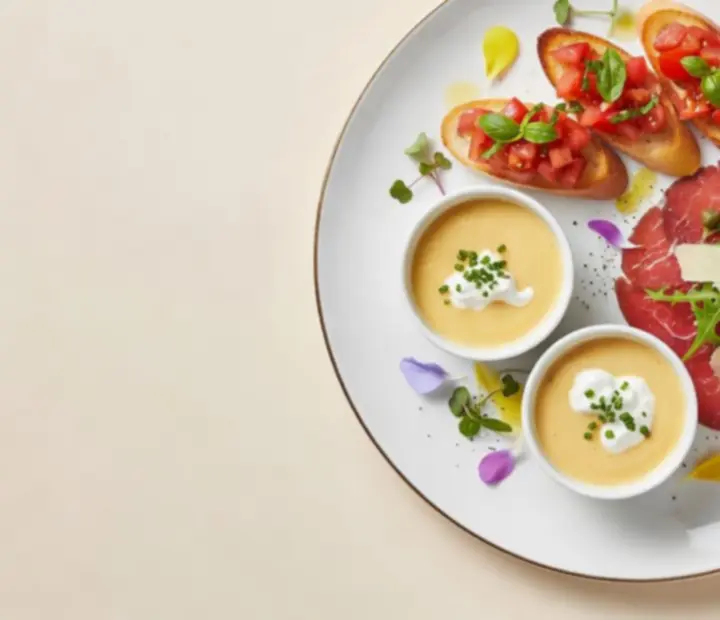 Pastelowe talerze z eleganckimi przystawkami w restauracji Polnovarix