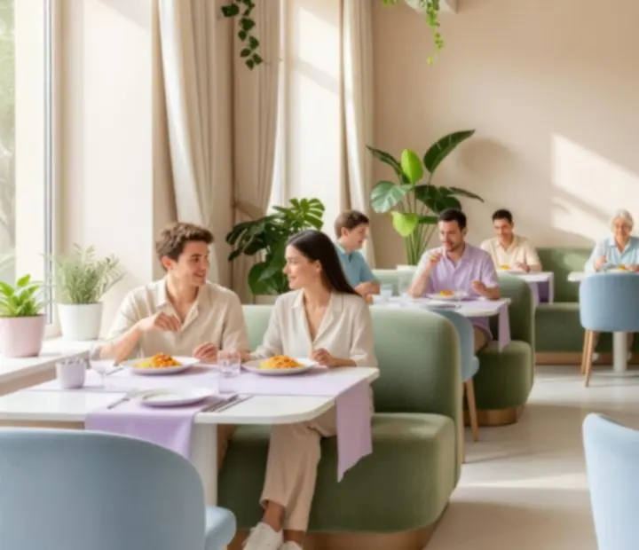 Eleganckie, pastelowe wnętrze restauracji Polnovarix